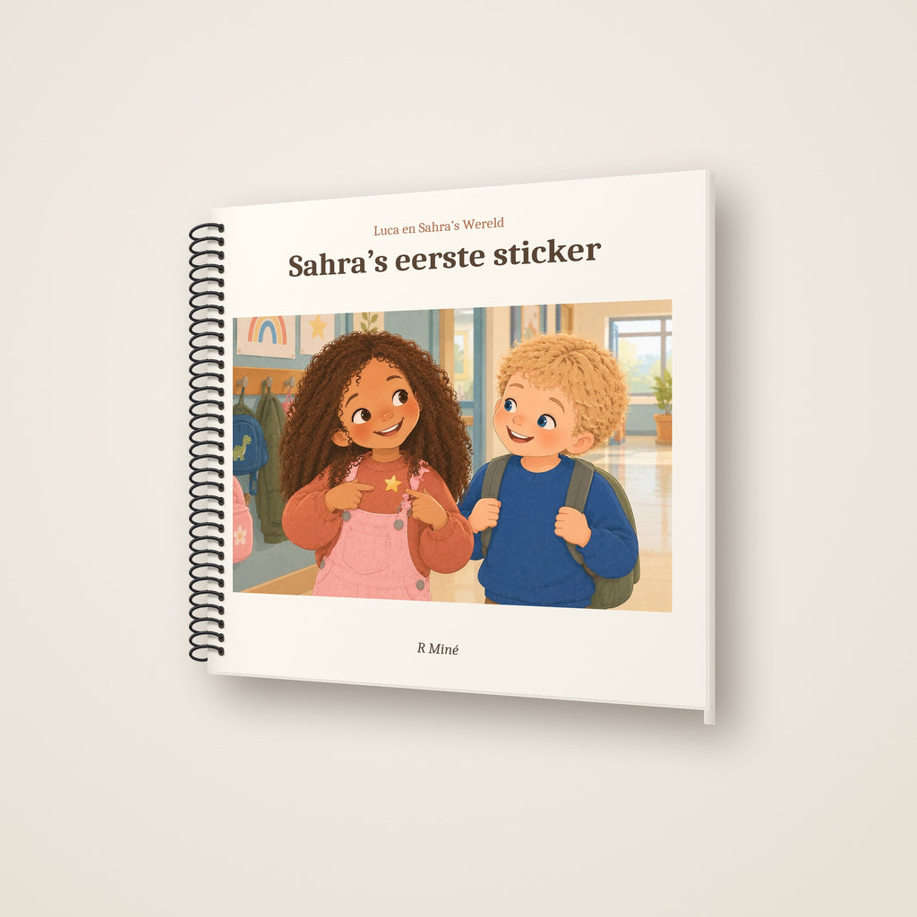 Sahra's eerste sticker – schuin aanzicht, spiraalgebonden